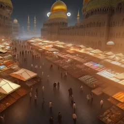 middle east city with mosque and people walking through the market , night , cloud in the sky , full moon , fire place in the bazaar , high resolution, super realistic, unreal engine, cinematic lighting,