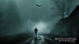 Text on picture says: "When your day is done, and you want to run... Don't forget this fact, you can't get it back. Your life. " noir, surreal, dark mood, high detalied, weird, fog, shadows, cyberpunk