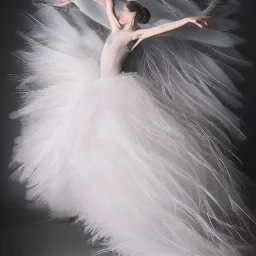 dress made out of feathers sequins and tulle and organza, swirlng, ethereal, heavenly, stunning colors, chiaroscuro, fashion photography, vogue, dramatic, beautiful lighting, delicate composition, aesthetic, ballerina, ballgown