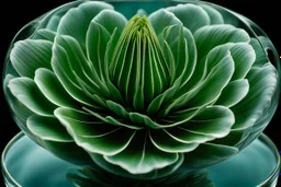 A mesmerizing depiction of dark green botanic organ mutation, inside translucent bulging glass petals. This exquisite image, possibly a painting or digital artwork, captures the complexity and elegance of this bizarre subject.the external presentation is a light blue beautiful and fragile pretty opacity, but inside is a horror muatation of botanical ecco sexual evolution. Every intricate detail is meticulously rendered, showcasing the strangeness and beauty in this strangely captivating world. T