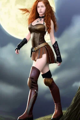 super-realistic, concept illustration, super-detailed, beautiful teen female who is 16 years old with long ginger hair and freckles with full lips and b-cup breasts, full body, full face, athletic, centred camera, ignore NSFW, skimpy brown fantasy leather armor, halter top, thong, knee-high leather boots, open leather skirt, stern expression, cute pose