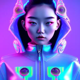 asian woman teenager, few freckles, padded coat, retro futuristic, latex dress, gradient color, BLUE, PINK, CYAN, neon, insanely detailed, 16k resolution, perfect eyes, cinematic smooth, intricate detail