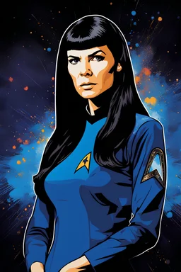 Pitch black background - multicolor splatter painting - 30-year-old Wendy Wendison, who resembles Spock, with long, straight black hair, deep cobalt blue eyes, wearing a long-sleeved, blue, slit, mini dress with a plunging neckline and a star trek upside down V-shaped communicator badge on the left side of the chest - in the art style of Boris Vallejo, Frank Frazetta, Julie bell, Caravaggio, Rembrandt, Michelangelo, Picasso, Gilbert Stuart, Gerald Brom, Thomas Kinkade, Neal Adams,