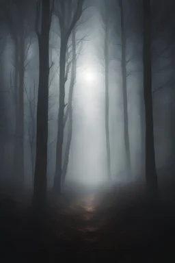 the clearing of a dark forest, fog rolling along the ground, a bright light barely seen in the distance, dark entities hiding amongst trees