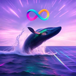 infinity symbol ∞ with vibrant powerful whale jumping out of the sea, striking, neon, chiaroscuro, dramatic, captivating, powerful, fantasy, beautiful, octane render, 16k post-production, artstation: award-winning: atmospheric: commanding: fantastical: clarity: ultra quality: striking: brilliance: stunning colors: amazing depth; lens: f/11, 35mm