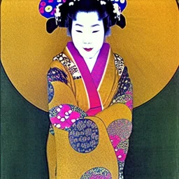 Retrato de cuerpo entero una Geisha Bella voluptuosa con kimono con el estilo de Gustav Klimt