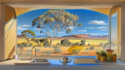 in a distopian future artistic style, a view of an australian sunny peaceful landscape outside kitchen window