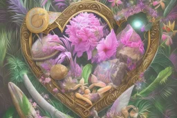 Tropical flowers, realistic heart drawing, crystals, tropical leaves, sacred altar, Fantasy home, Helen with cute animal