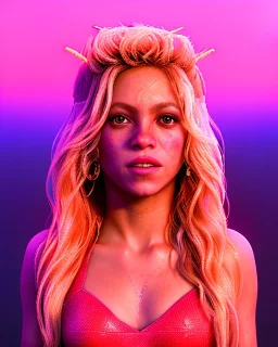 portrait, Shakira, blonde artist, Realistic image, drinking a strawberry milkshake, pink line make-up, sweat, fog, goddess style, Neon colors, leds. Color background, photo studio, concept art, smooth, unreal engine 5, god lights, ray tracing, RTX, lumen lighting, ultra detail, volumetric lighting, 3d, finely drawn, high definition, 4k.