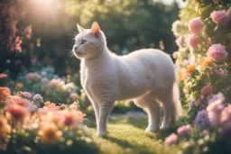 antropomorph cat horse in a flowergarden in sunshine, ethereal, cinematic postprocessing