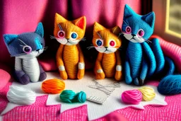 Hand sewn and embroidered extremely cute kittens, threads, sewing needles and a pair of scissors on a table on lace blanket in a luxury bedroom, centre, bold colours elegant fantasy 8k beautiful dynamic lighting award winning imperial colors hyperrealistic ultra detailed 4K 3D high definition crisp quality colourful hdr in sunshine