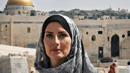 A woman wearing a keffiyeh holds the Dome of the Rock