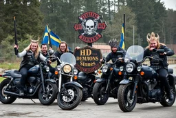 a very hard and tuff motorcycle young gang with viking hair, not old, posing with their Harley Davidsson bikes, some of them holding guns and shotguns, a logo sign with Falköpings HD Club, "Fearless sinners" Skulls and bones, skeletons and fire, Sweden vikings DEMONS, Swedish flags on bikes