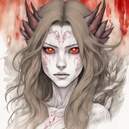 a close-up headshot of a woman turning into a monster with long brown hair, red eyes, sharp teeth, scales, pointed ears, intricately detailed, colored sketchy manga style, splotchy watercolor background, experiment