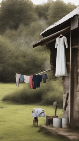 A wet washed clothes hanging on a rob on a farm with barely farm, also some wedding dress is hanging too