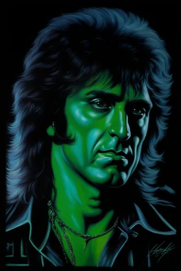 Head and shoulders image - oil painting by Scott Kendall - pitch Black solo record album with emerald glowing in tips of hair - 30-year-old Peter Criss (Drummer) with shoulder length, wavy, straight black and gray hair, with his face made up to look like a cat's face - in the art style of Boris Vallejo, Frank Frazetta, Julie bell, Caravaggio, Rembrandt, Michelangelo, Picasso, Gilbert Stuart, Gerald Brom, Thomas Kinkade, Neal Adams, Jim Lee, Sanjulian, Thomas Kinkade, Jim Lee, Alex Ross,