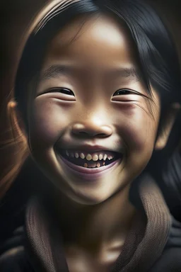 portrait of an asian girl 11 years old, smiling, cinematic photography, epic angle, dark colour tone, hyper-realistic