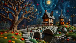 Photograph hasselblad h6d400c --ar 85:128 --v 6.0 of a fairy old bridge, tree, old bewitched house, made of felt, art, 3d deep field, Joan Miró, wide angle landscape scene, galaxies, creepy, needlepoint, abstract silhoutte, expressionist style, colorful holiday