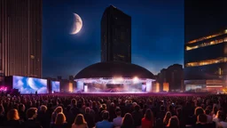 a big open disko stage in modern city center environment , at distance,blue sky pretty clouds ,night,moon light .