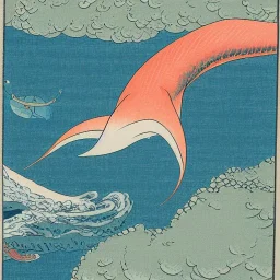 Ukiyo-e style illustration of ocean scene underwater, giant squid, high detail