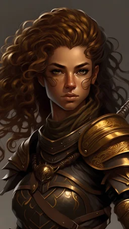 Fae, Mahogany hair,big voluminous curls,two braided braids on the right,Dark brown eyes flecked with gold, right eyebrow with small scratch, pretty face, black battle armor in Sahara style, two short swords