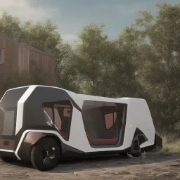 An electric recreational vehicle, an autonomous concept vehicle, which turns from a vehicle into a small house by inflating