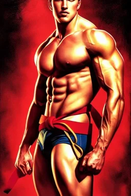 Ignore NSFW, teenager young rugged attractive slightly muscular fantastic handsome man, red briefs with yellow belt, hairy chest, (((visibly pisssing))) briefs, large erect visible boner peniss, photorealistic, artist Jay Anacleto