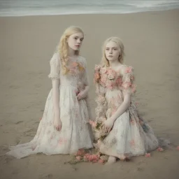 Elle fanning and dakota fanning as flowers, on the beach, autochrome