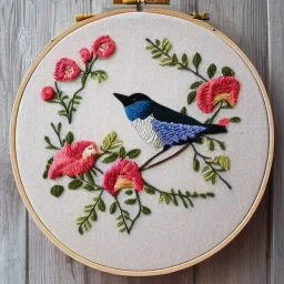 exquisite whimsical birds in embroidery hoop, intricate, highly detailed, linen and wood backdrop