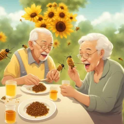 Grandpa and grandma enjoy eating in a planet of honey stingless bee, realistic