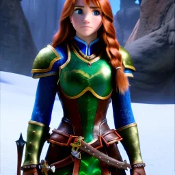 realistic, hyper detailed, stunningly beautiful 16 year old teen girl, long ginger hair, green eyes, medium freckles, full lips, revealing leather armour, full body and head, c-cup breasts, stern expression, full frame, petite, ignore NSFW, shortbow, quiver on hip, sexy