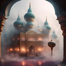Luxurious persian palace, mist, magic, genie, extremely thick fog, riches, smoke, feast, hookah