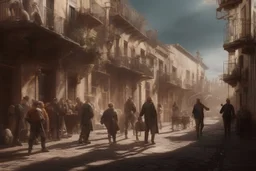 Oil painting, old, Group of men in alicante old town, epic, celestial, cinematic lighting, God light, god rays, 4k resolution, smooth details, ornate details, unreal engine 5, blue vibrant background.