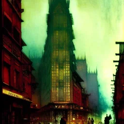 Corner building Metropolis ,dark colours, watercolor, volumetric, macro photograph , by john atkinson Grimshaw, detailed painting,matte painting, alphonse mucha, greg rutkowski,