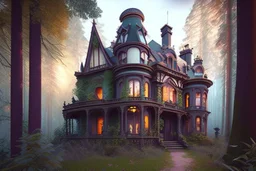 fantasy victorian house surrounded by forest