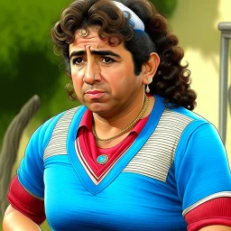 Create a highly realistic 3D scene. An detailed Realistic of Play Football Diego Maradona transforming her into a woman with the same specifications as the attached image. The method of transforming the painting in full detail. A comedic and funny touch. Ultra wide angle. Extremely realistic fine details. Highly realistic detailed display. Great full presentation and amazing drawing style. Transfer the full detailed drawing of the image at a wide and precise angle. Inspiri