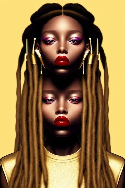 Little Simz, grown woman, dreadlocks, gold jewelry, lip gloss, brown lipstick, gold eyeshadow