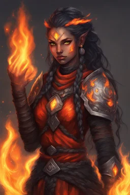 Paladin druid female made from fire. The hair is long and bright black, with some braids, and it is on fire. Eyes are noticeably red; fire reflects. Make fire with your hands. Has a big scar over the whole face. Skin color is dark. Light armor