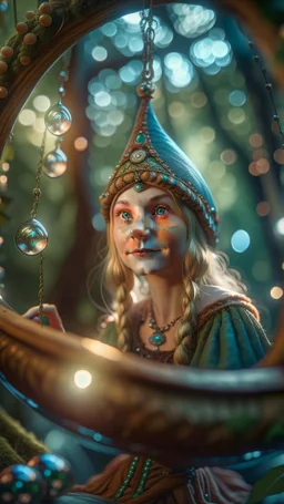 close up face portrait of hippie elf-quest princess on a swing inside a boat crystal ball hanging from a tree in the mountain , shot on Hasselblad h6d-400c, zeiss prime lens, bokeh like f/0.8, tilt-shift lens 8k, high detail, smooth render, down-light, unreal engine, prize winning