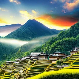 incredible, stunning japanese rice terrace with wood shanties, mountains in the distance, colorful morning sky and mist, 8k, high-quality, ultrafine-detail, intricate, detailed matte, digital painting, artwork, brian froud, howard lyon, Scott Gable, Wajima Ishikawa, Mu Cang Chai, Greg Rutowski