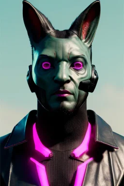 Medium Close Up Portrait, Front image. cyberpunk, rabbit mask, strong man, black hair and beard. latex suit army. Pink, black, color. Cyber futuristic style. Color background, photo studio. Avatar image, highly detailed, concept art, smooth, unreal engine 5, ray tracing, RTX, lumen lighting, ultra detail, volumetric lighting, 3d, finely drawn, high definition, high resolution.