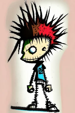 2d drawing of a stickman, cool with punk hair, x eyes like hangman, back side view,smiling,close-up ,3d realistic in colour