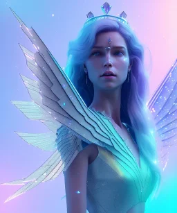 A crystalised queen, atmospheric, realistic, unreal engine, cinematic lighting, octane render. blue, pink, transparency, light, shine,bright, full body, transparent wings, blonde, long hair, smile