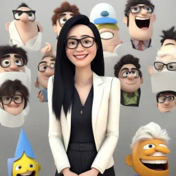 a portrait of smiling woman wearing ivory blazer with white shirt inside. long black hair, messy hair. light skin. black eye pupils. big nose. pear face shape. wearing small rectangle crystal clear glasses. thick eyebrow. pixar style. 3D. 4k. portrait. highly detailed. sharp focus. high resolution. full color. cinema lighting