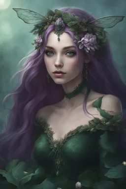 Dark green hair Water lilies long hair lotus night Fairy princess rapunzel hair queen crown dragonflies fireflies elven tiara flowers fairy wings gothic purple