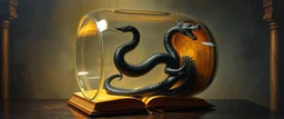 master oil painting by Escher and Giger, ancient library book obsidian chrome black serpent dragon inside huge transparent vase and with gold, master 3d models, book of the dead