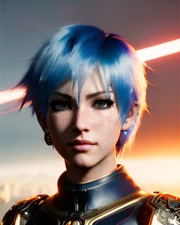 smirking Cyborg anime warrior, golden eyes, light blue hair, short and messy hairstyle, pierced ears, clear complexion, waist up portrait, 8k resolution, intricate details, ornate details, soft lighting, vibrant colors, retroanime, masterpiece, intricate eyeliner, dark eyeshadow, eyes, intricate tattoos, futuristic cityscape background