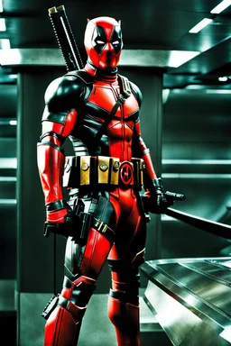 Deadpool in large, futuristic armor, photograph
