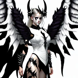 angel, demon, angel demon hybrid, half angel, half demon, black angel wings, white demon wings, black and white, balance, horns, armor, noble clothes, black and white armor, black and white clothes