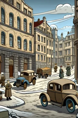 Russian street in 1945 in old cartoon style